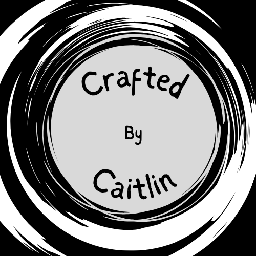 Black Background, with white paintbrush strokes in circular motion. In the centre of the white circles is a pale blue circled with the writing "Crafted by Caitlin" inside.